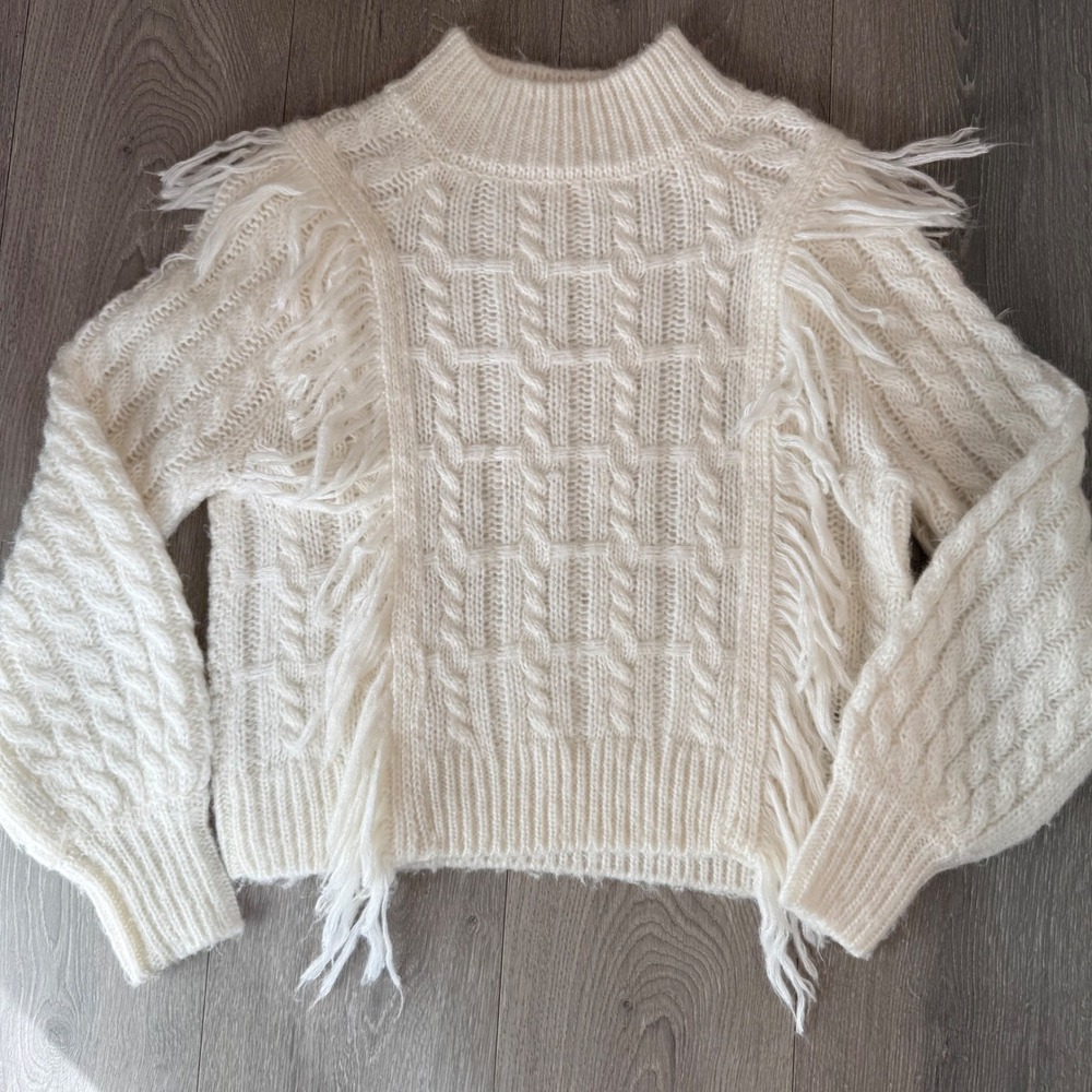 Altar'd State Cream Cable Knit Fringe Sweater Mock Neck Long Sleeve Women S